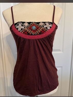 Embroidered Maroon Spaghetti-Strap Camisole with Crochet Trim